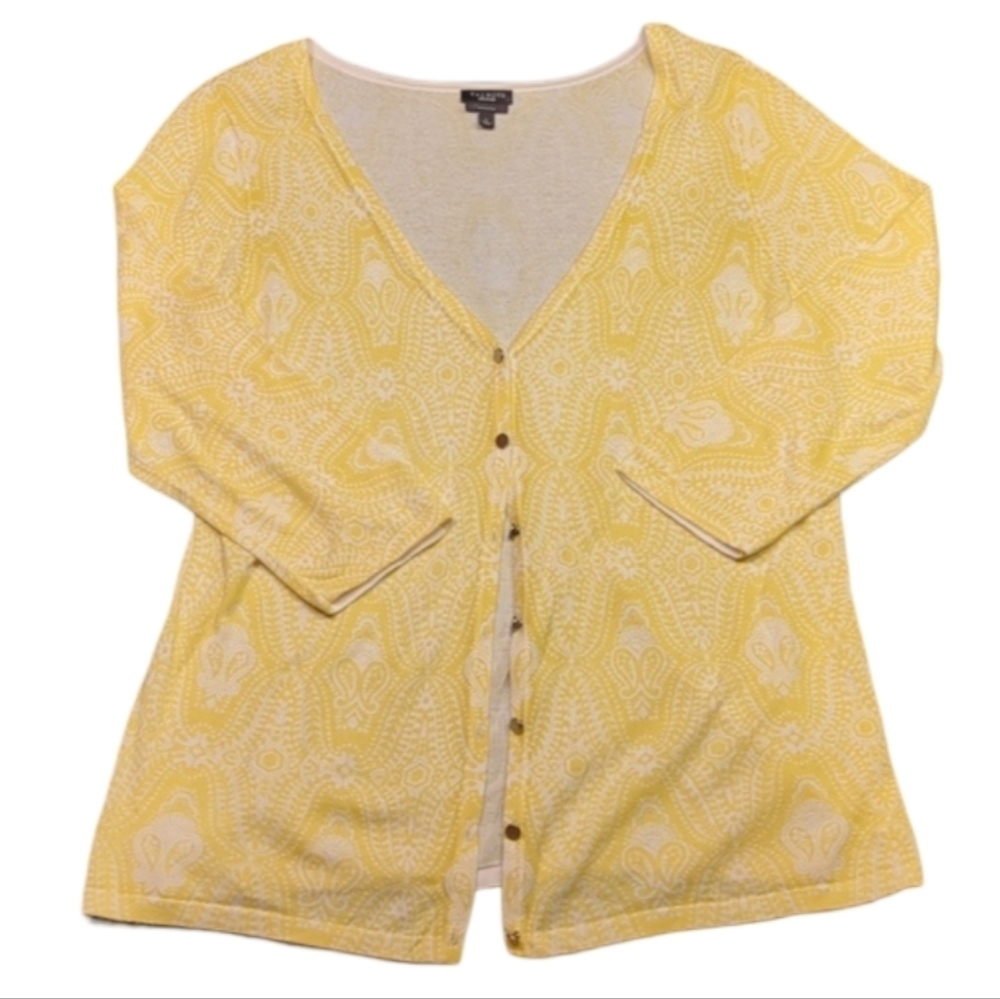 Talbots Women's Cardigan Paisley Pima Cotton Yellow V Neck 3/4 Sleeves, Large